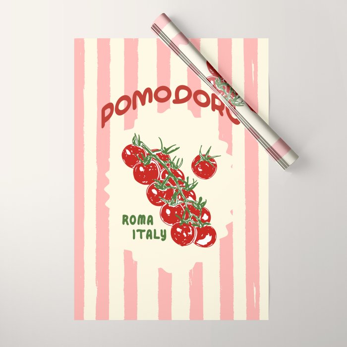 Pomodoro Tomatoes Retro Pink Stripes Wrapping Paper Gallery Image 1