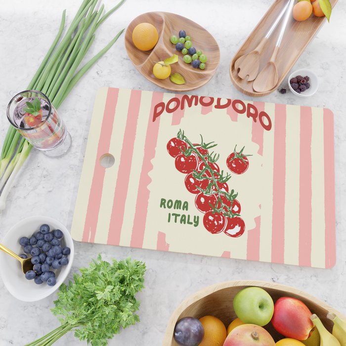 Pomodoro Tomatoes Retro Pink Stripes Cutting Board Gallery Image 2