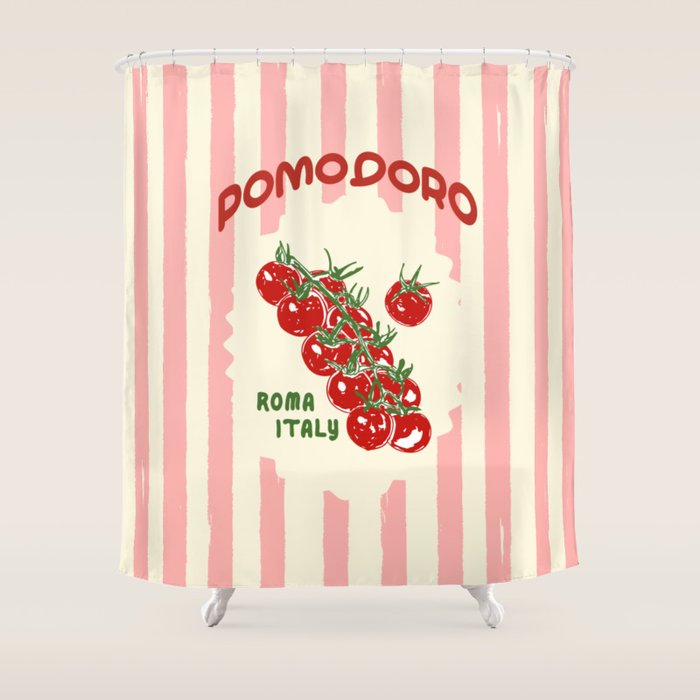 Pomodoro Tomatoes Retro Pink Stripes Shower Curtain Gallery Image 1