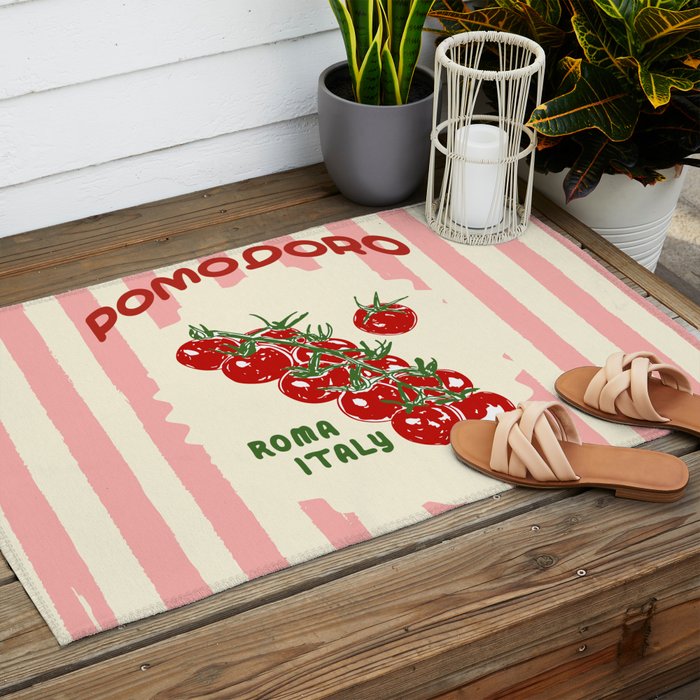 Pomodoro Tomatoes Retro Pink Stripes Outdoor Rug Gallery Image 2