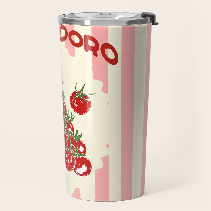 Pomodoro Tomatoes Retro Pink Stripes Travel Mug Gallery Image 2