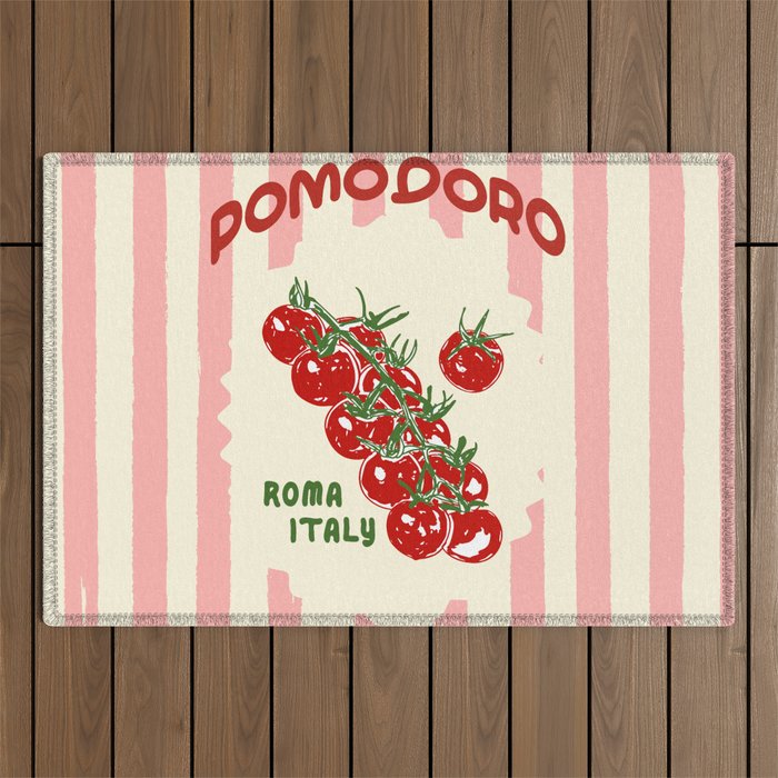 Pomodoro Tomatoes Retro Pink Stripes Outdoor Rug Gallery Image 1