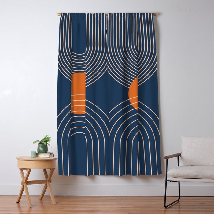Geometric Lines in Orange and Navy Blue 2 (Sun and Rainbow Abstract) Window Curtain Gallery Image 5