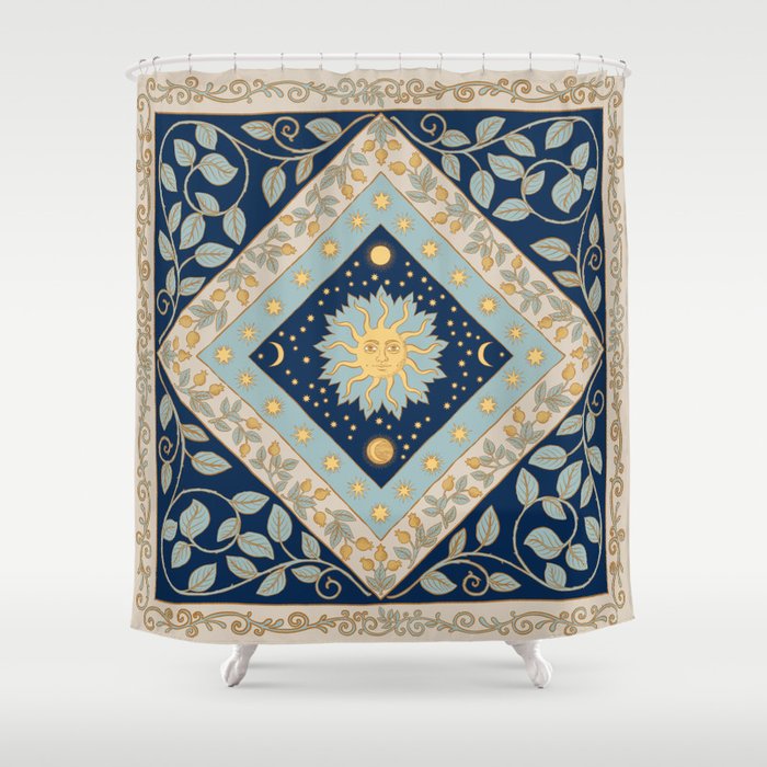 Sun Moon and Stars Celestial Blue Shower Curtain