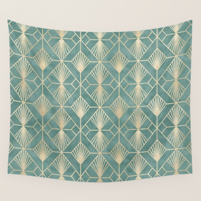 Art Deco Diamonds in Teal and Gold Wall Tapestry Gallery Image 4