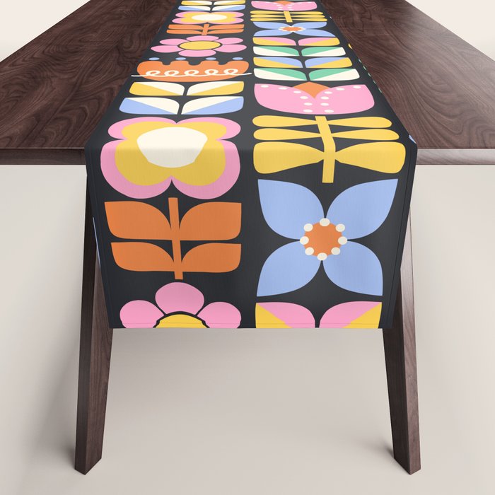 Retro Folk & Floral Colorful Pastel Flower Grid Black Table Runner Gallery Image 1