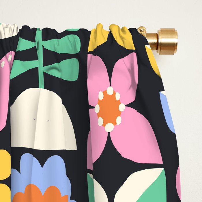 Retro Folk & Floral Colorful Pastel Flower Grid Black Window Curtain Gallery Image 2