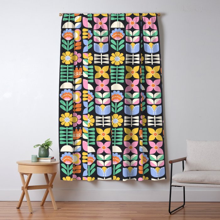 Retro Folk & Floral Colorful Pastel Flower Grid Black Window Curtain Gallery Image 1