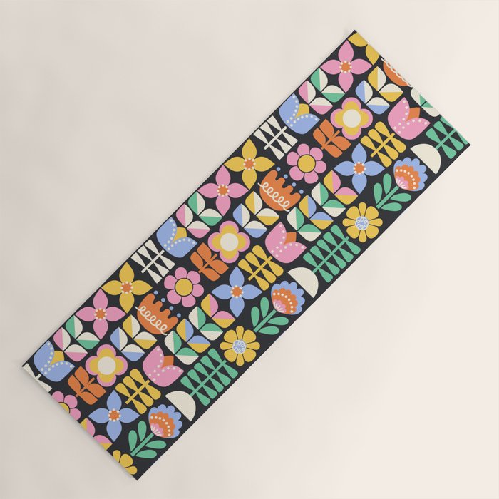 Retro Folk & Floral Colorful Pastel Flower Grid Black Yoga Mat Gallery Image 1