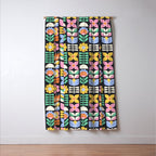 Retro Folk & Floral Colorful Pastel Flower Grid Black Window Curtain Gallery Image 3
