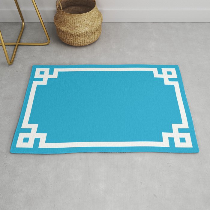 Bright Sky Blue and White Greek Key Border Rug Gallery Image 1