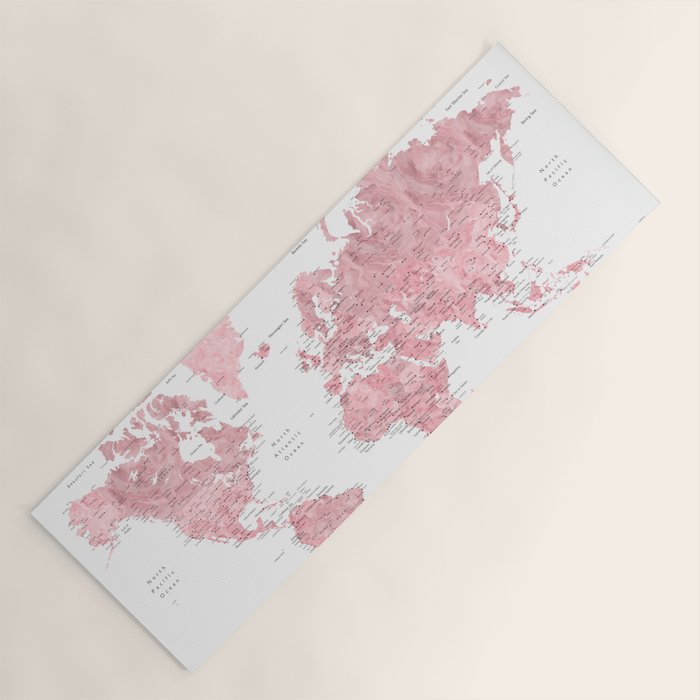 Light pink, muted pink and dusty pink watercolor world map with cities Yoga Mat Gallery Image 1