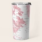 Light pink, muted pink and dusty pink watercolor world map with cities Travel Mug Gallery Image 2