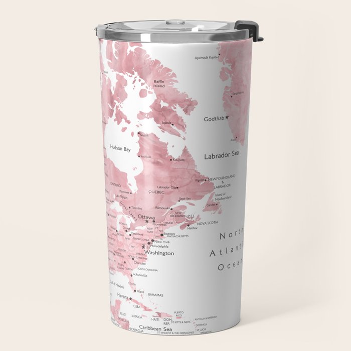 Light pink, muted pink and dusty pink watercolor world map with cities Travel Mug Gallery Image 2