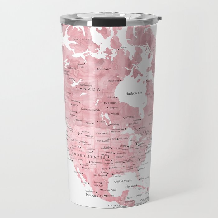 Light pink, muted pink and dusty pink watercolor world map with cities Travel Mug Gallery Image 1
