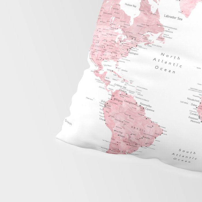 Light pink, muted pink and dusty pink watercolor world map with cities Pillow Sham Gallery Image 4