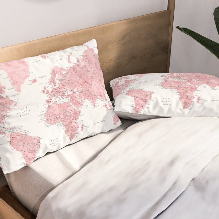 Light pink, muted pink and dusty pink watercolor world map with cities Pillow Sham Gallery Image 2
