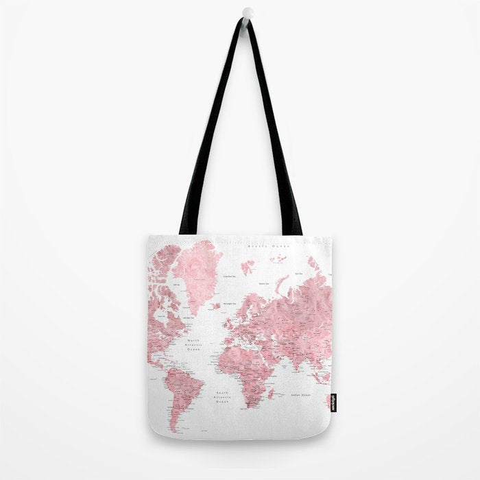 Light pink, muted pink and dusty pink watercolor world map with cities Tote Bag Gallery Image 2