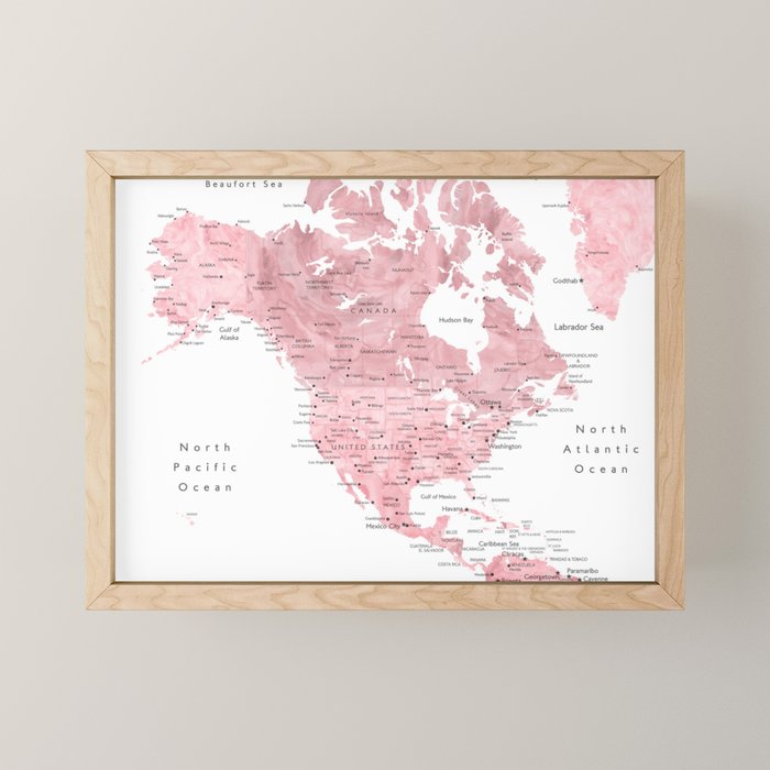 Light pink, muted pink and dusty pink watercolor world map with cities Mini Art Print Gallery Image 1
