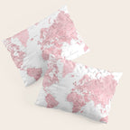 Light pink, muted pink and dusty pink watercolor world map with cities Pillow Sham Gallery Image 3