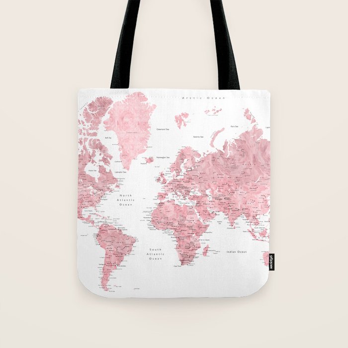 Light pink, muted pink and dusty pink watercolor world map with cities Tote Bag Gallery Image 1