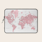 Light pink, muted pink and dusty pink watercolor world map with cities Laptop Sleeve Gallery Image 1