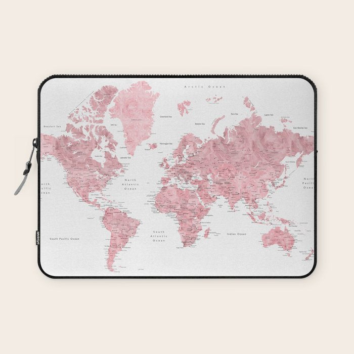 Light pink, muted pink and dusty pink watercolor world map with cities Laptop Sleeve Gallery Image 1