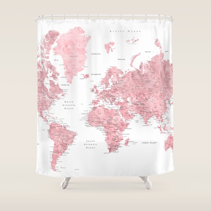 Light pink, muted pink and dusty pink watercolor world map with cities Shower Curtain Gallery Image 1