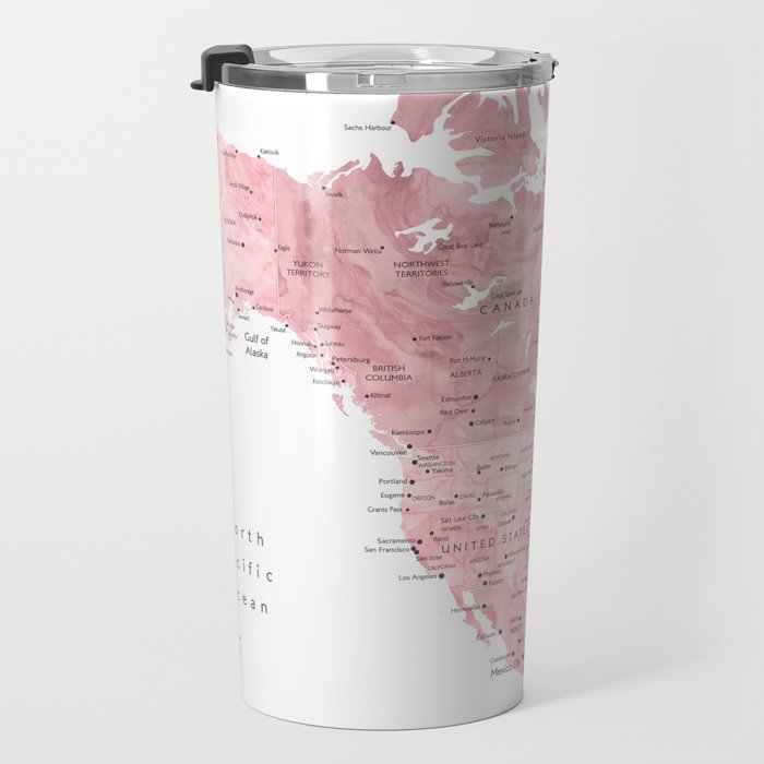Light pink, muted pink and dusty pink watercolor world map with cities Travel Mug Gallery Image 3
