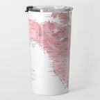 Light pink, muted pink and dusty pink watercolor world map with cities Travel Mug Gallery Image 3