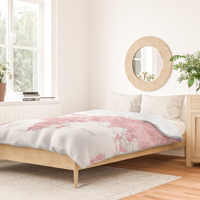 Light pink, muted pink and dusty pink watercolor world map with cities Duvet Cover Gallery Image 2