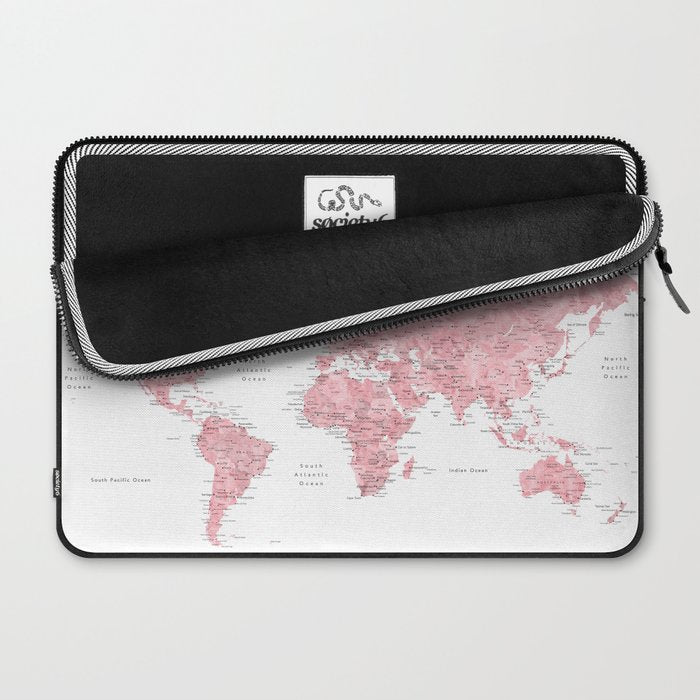 Light pink, muted pink and dusty pink watercolor world map with cities Laptop Sleeve Gallery Image 2