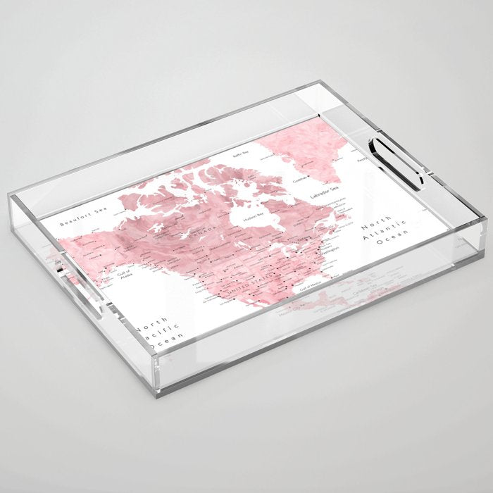 Light pink, muted pink and dusty pink watercolor world map with cities Acrylic Tray Gallery Image 1
