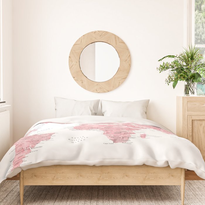 Light pink, muted pink and dusty pink watercolor world map with cities Duvet Cover Gallery Image 3