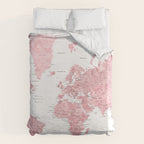 Light pink, muted pink and dusty pink watercolor world map with cities Duvet Cover Gallery Image 6