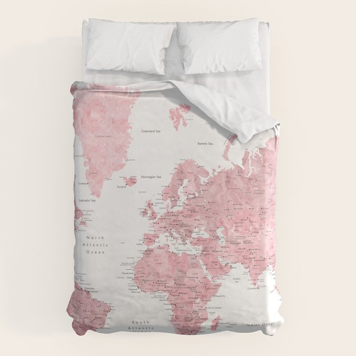 Light pink, muted pink and dusty pink watercolor world map with cities Duvet Cover Gallery Image 1