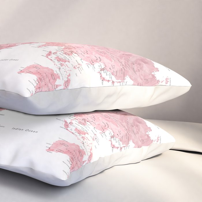 Light pink, muted pink and dusty pink watercolor world map with cities Pillow Sham Gallery Image 3
