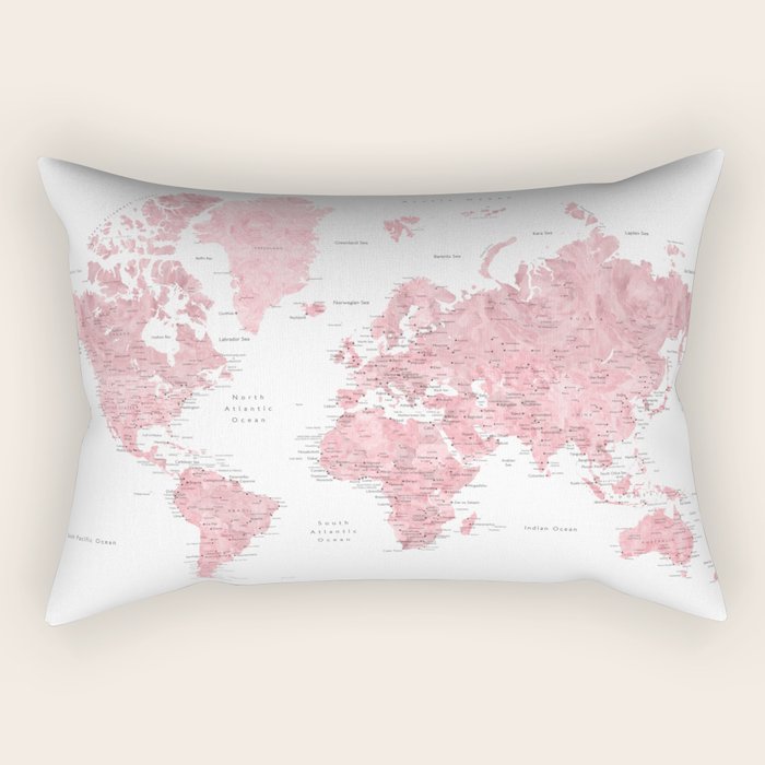 Light pink, muted pink and dusty pink watercolor world map with cities Rectangular Pillow Gallery Image 2
