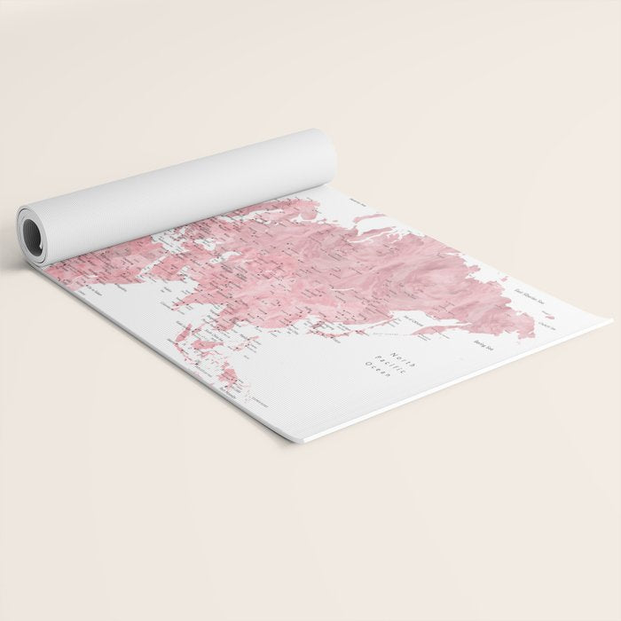Light pink, muted pink and dusty pink watercolor world map with cities Yoga Mat Gallery Image 2