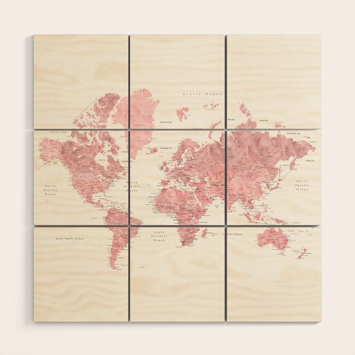 Light pink, muted pink and dusty pink watercolor world map with cities Wood Wall Art Gallery Image 1