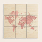 Light pink, muted pink and dusty pink watercolor world map with cities Wood Wall Art Gallery Image 1