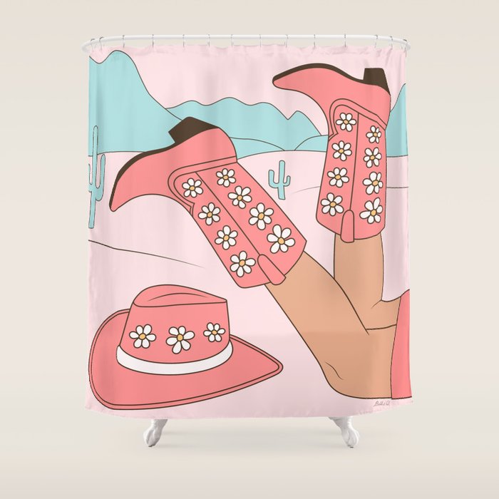 Cute Desert Cowgirl Pink Cowboy Boots Daisy Shower Curtain Gallery Image 1
