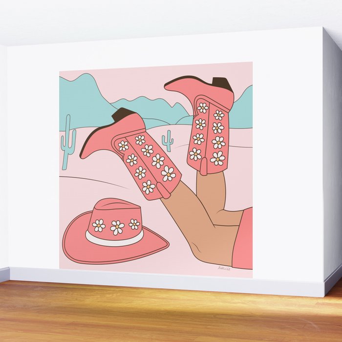 Cute Desert Cowgirl Pink Cowboy Boots Daisy Wall Mural Gallery Image 2