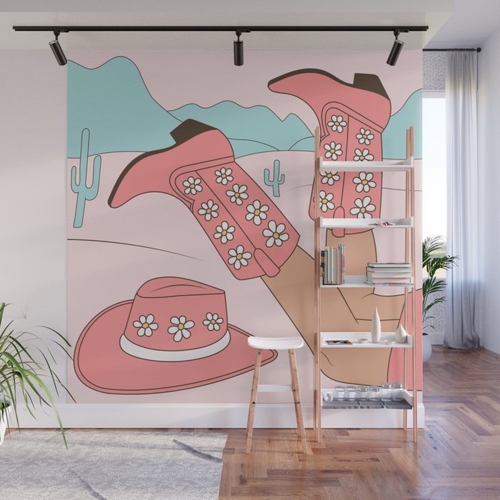 Cute Desert Cowgirl Pink Cowboy Boots Daisy Wall Mural Gallery Image 1