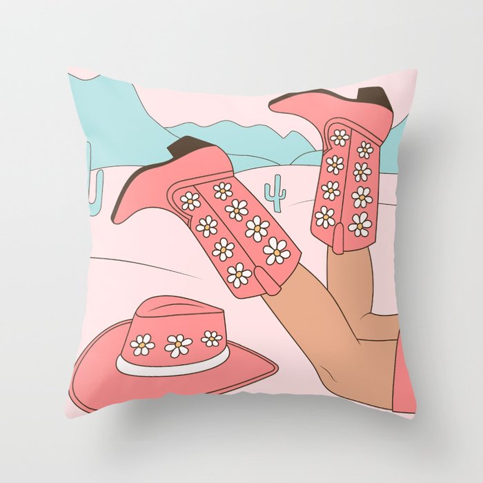 Cute Desert Cowgirl Pink Cowboy Boots Daisy Throw Pillow Gallery Image 6
