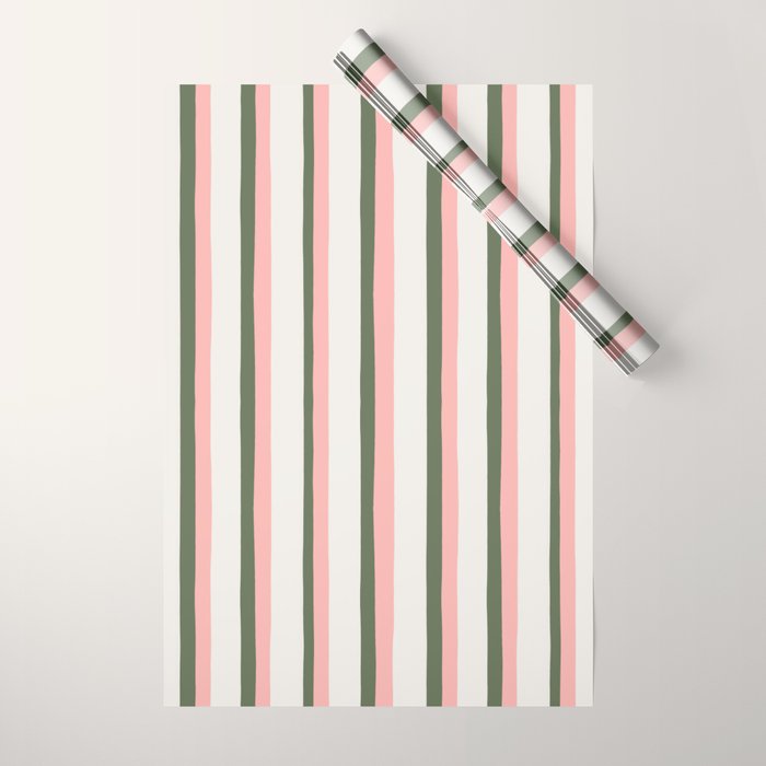 Hand Drawn Vertical Stripes Muted Green & Pink Wrapping Paper Gallery Image 1