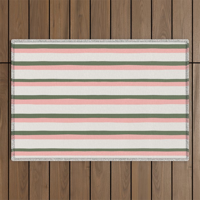 Hand Drawn Vertical Stripes Muted Green & Pink Outdoor Rug Gallery Image 1