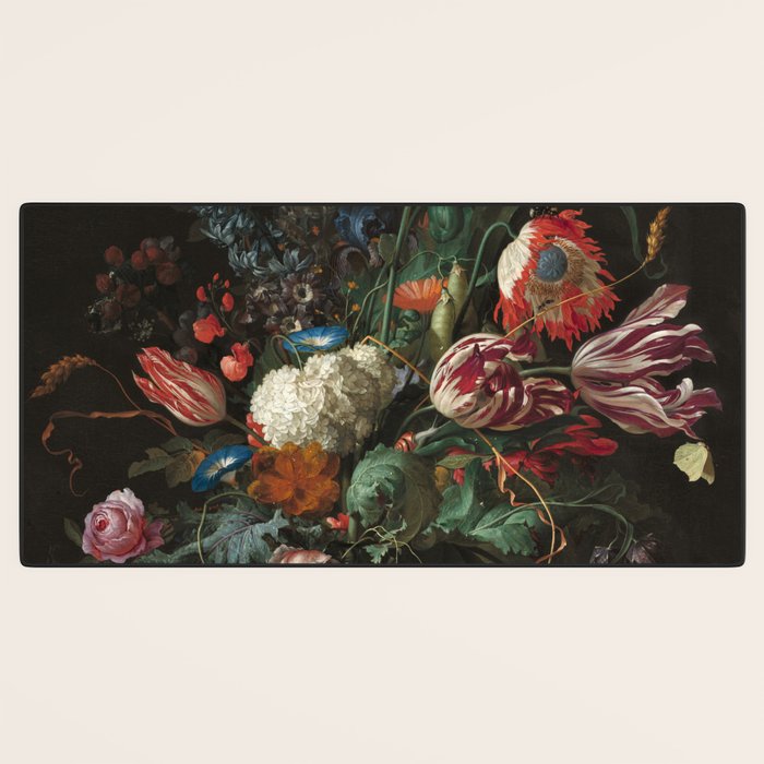 Still Life Parrot Tulips, Peonies, Hibiscus, Hydranga, Periwinkle Flowers in Vase by Jan de Heem Desk Mat Gallery Image 3