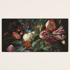 Still Life Parrot Tulips, Peonies, Hibiscus, Hydranga, Periwinkle Flowers in Vase by Jan de Heem Desk Mat Gallery Image 3