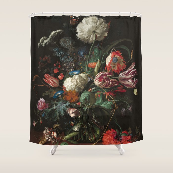 Still Life Parrot Tulips, Peonies, Hibiscus, Hydranga, Periwinkle Flowers in Vase by Jan de Heem Shower Curtain Gallery Image 1